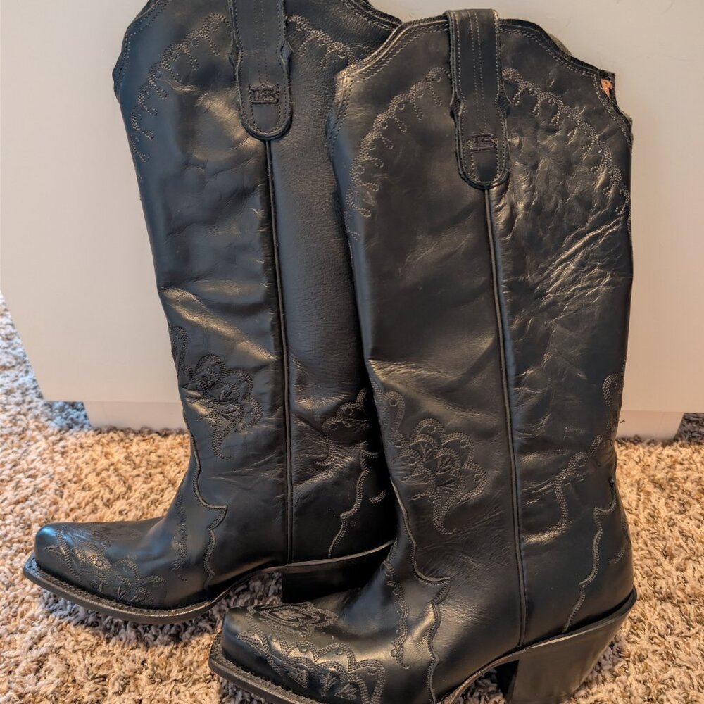 Tony Lama Black Leather Tall Western Cowboy Boots Women's 7.5B USA Made - Picture 10 of 10